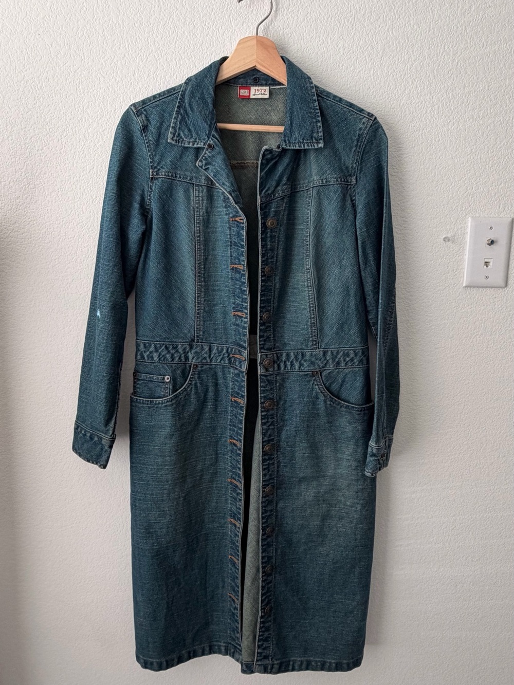 Long Denim Button-Front Coat/Dress in Medium Blue